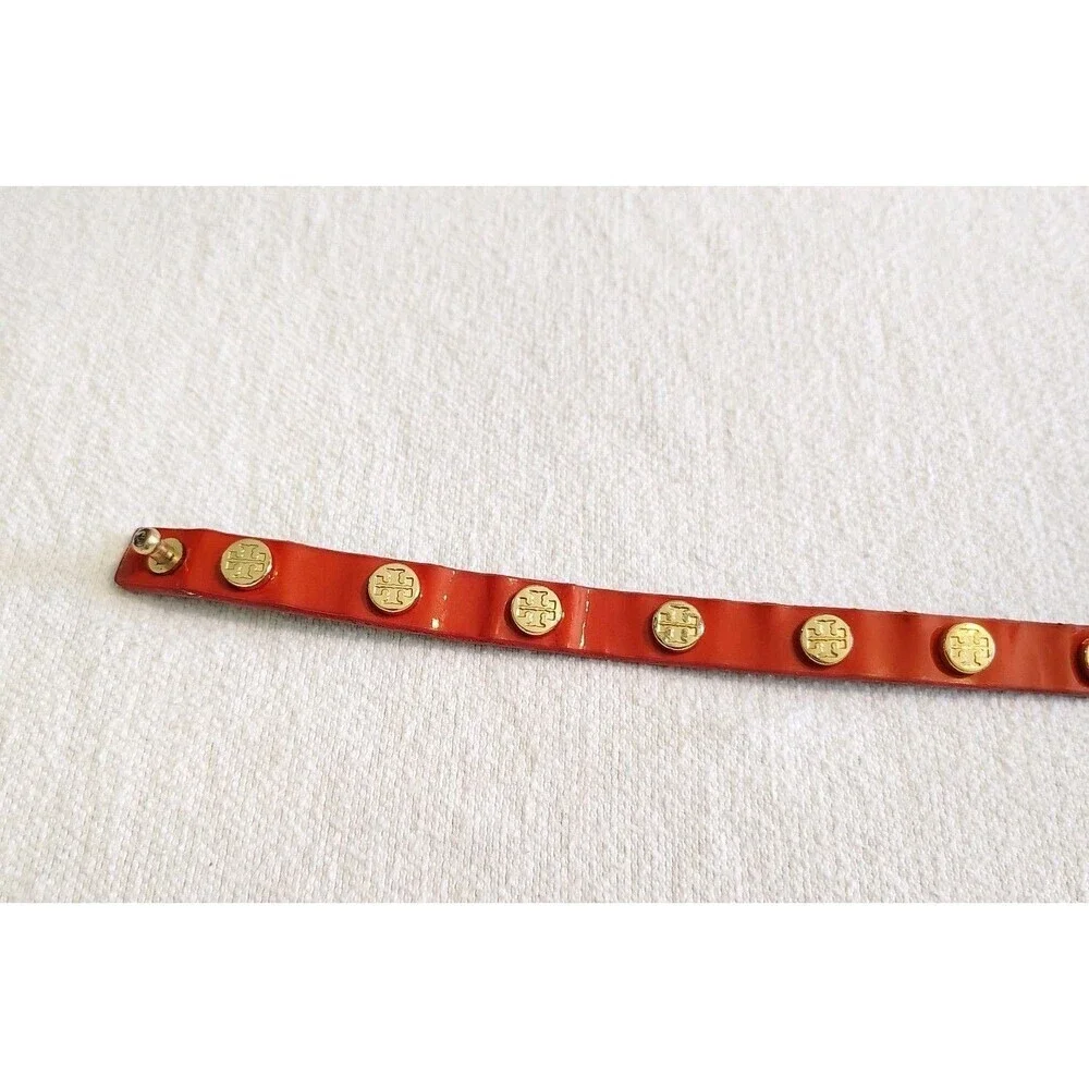 Tory Burch Orange Double Wrap Leather Gold Tone Brass Logo Stud Bracelet